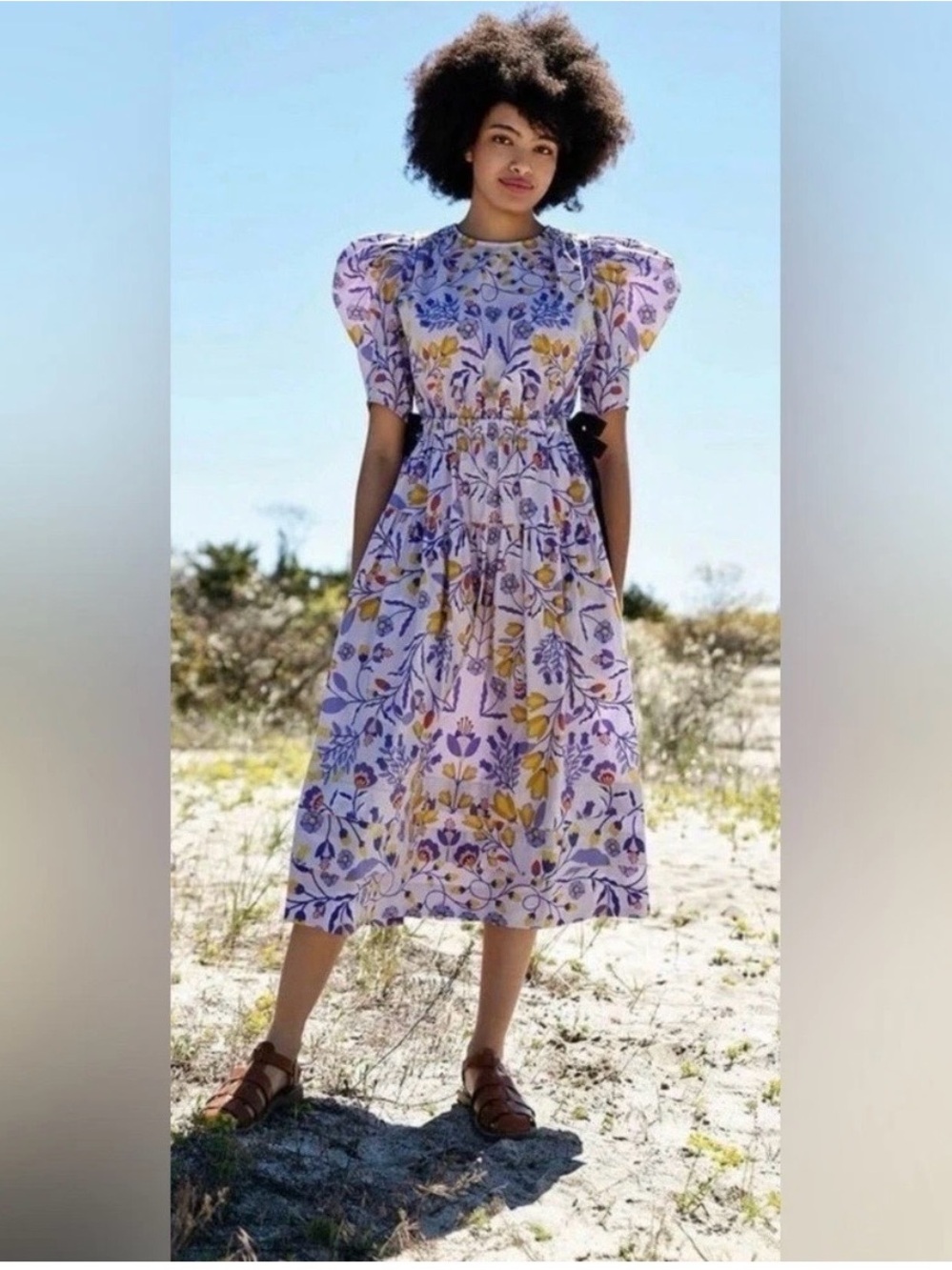 Jessica Zhao Cotton Floral Puff-Sleeve Midi Dress in Lavender